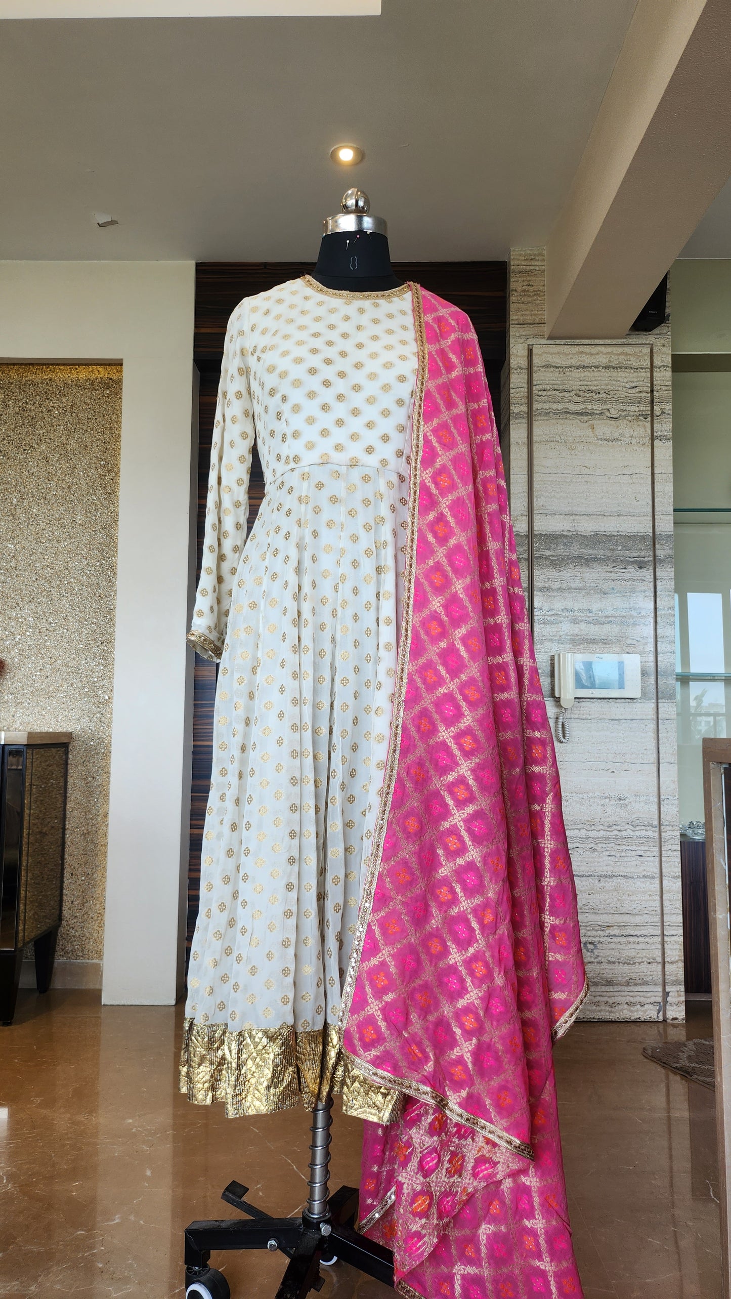 White and Hot Pink Anarkali