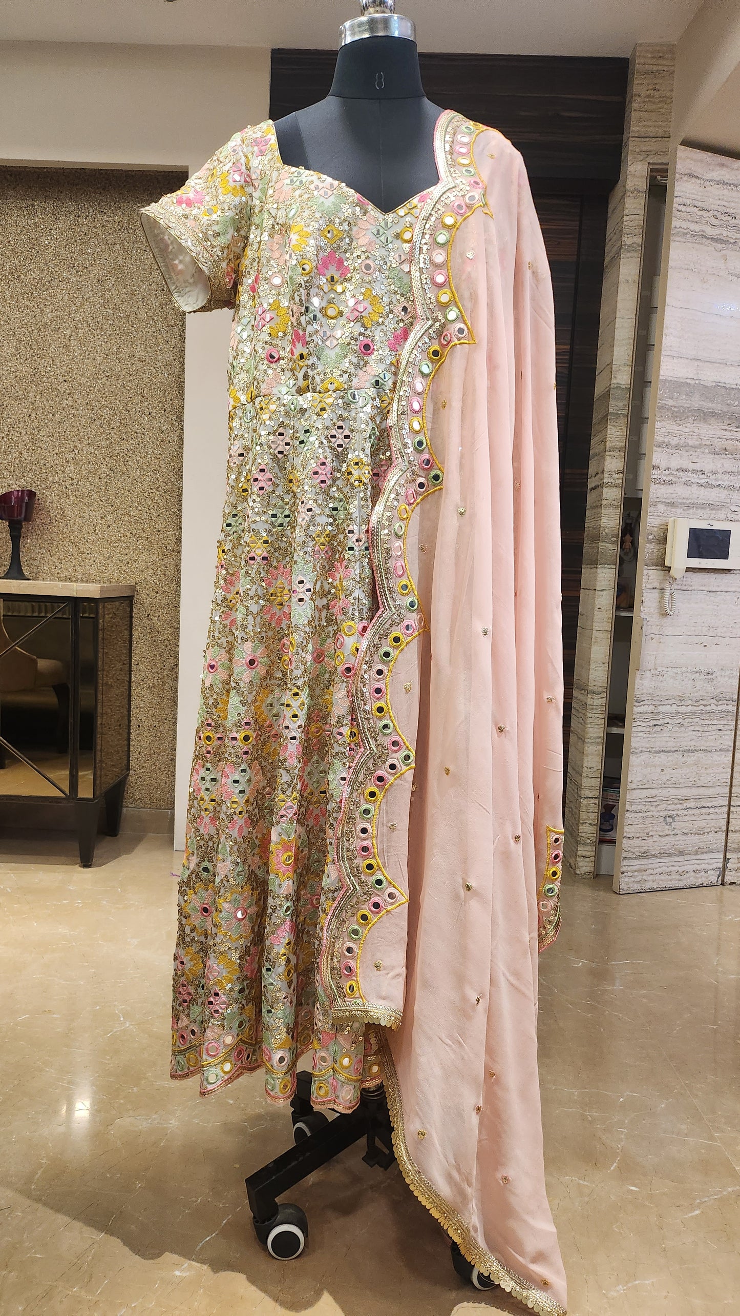 Ivory and Light Pink Anarkali Set