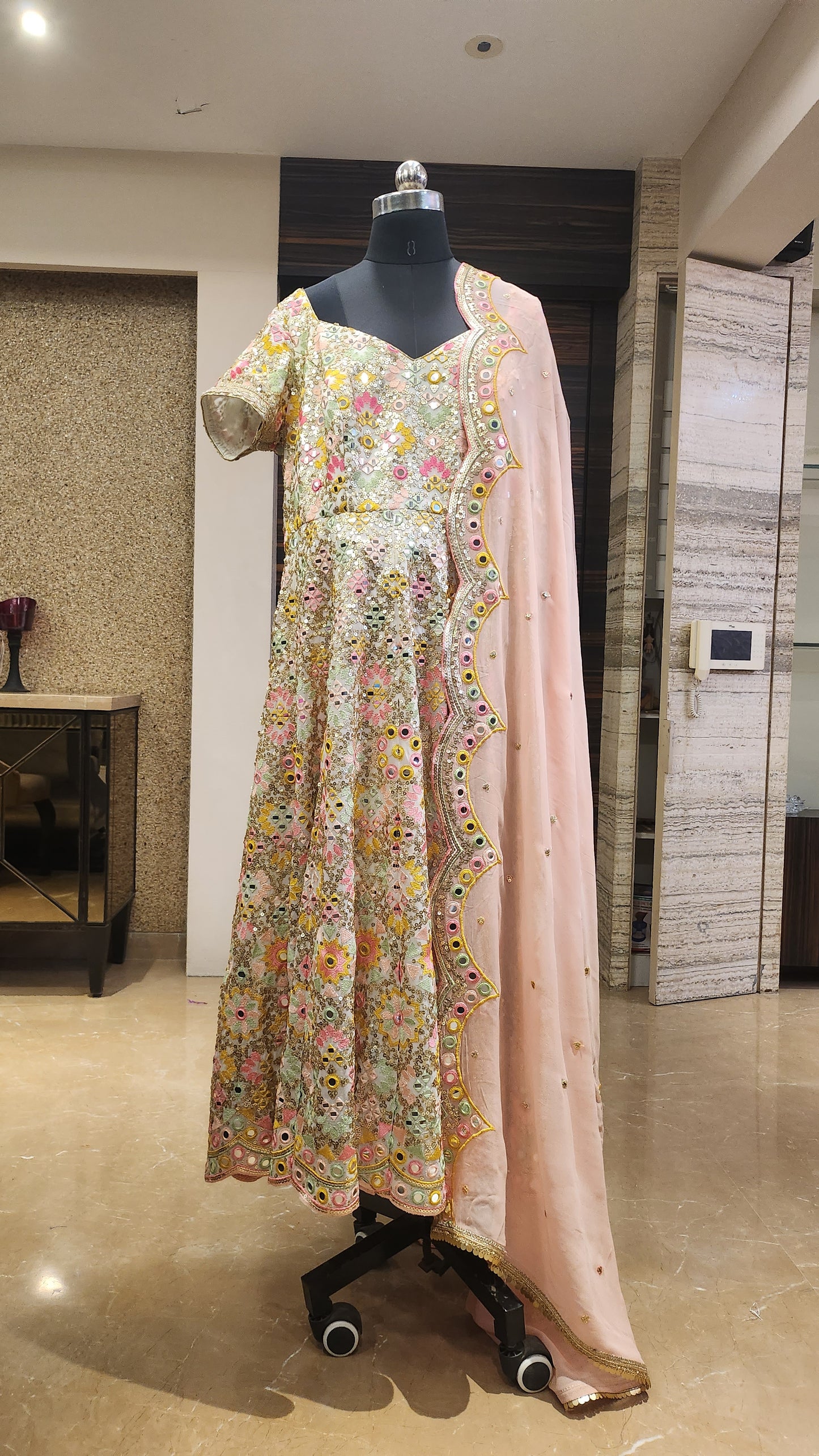 Ivory and Light Pink Anarkali Set