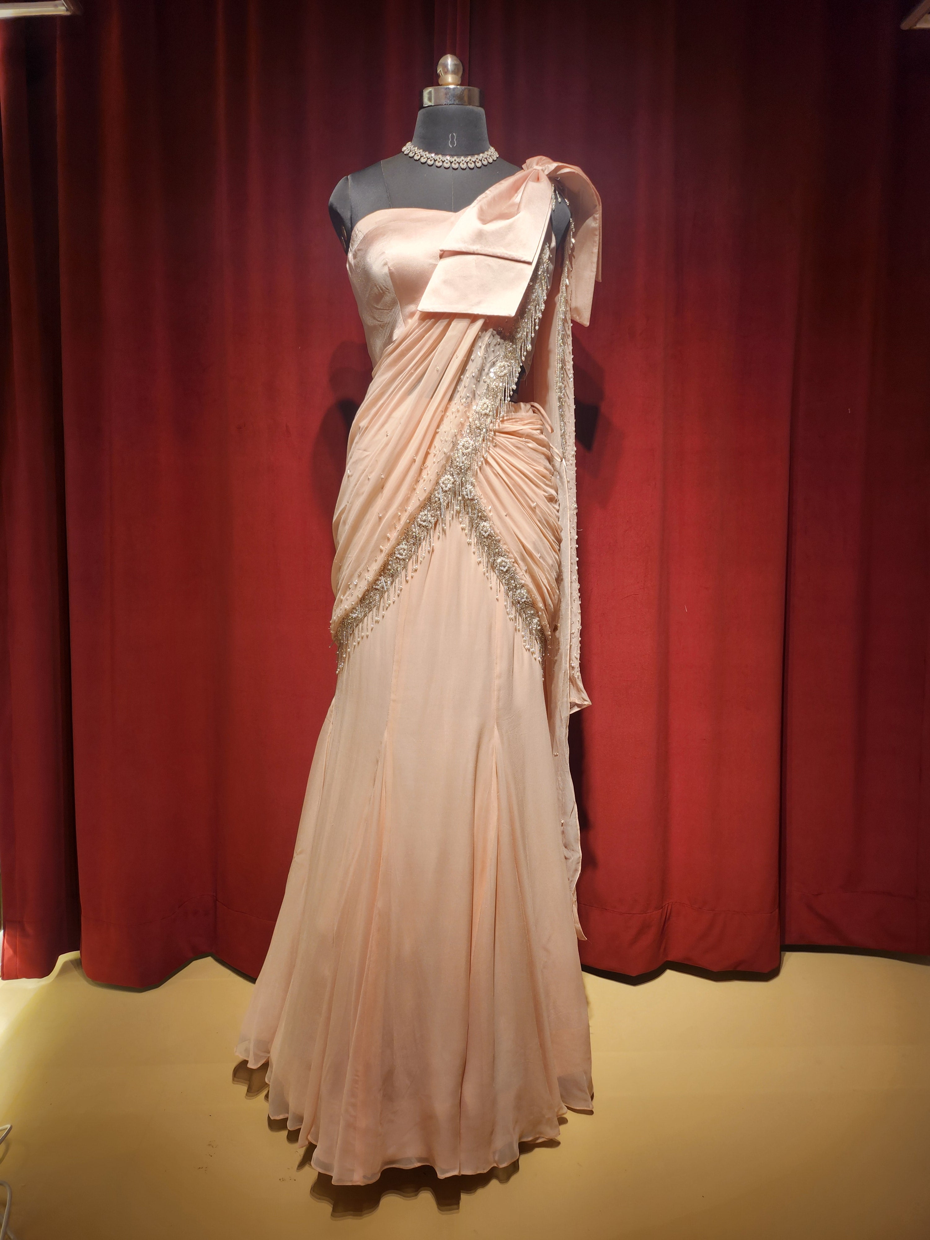 Light Pink Satin Pre-stitched saree