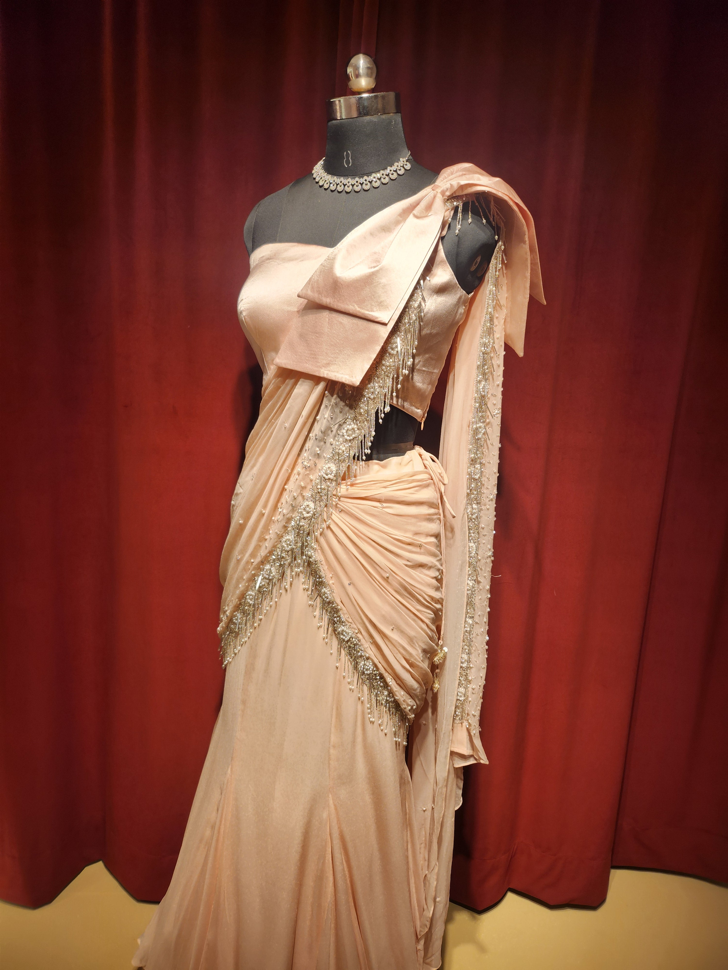 Light Pink Satin Pre-stitched saree