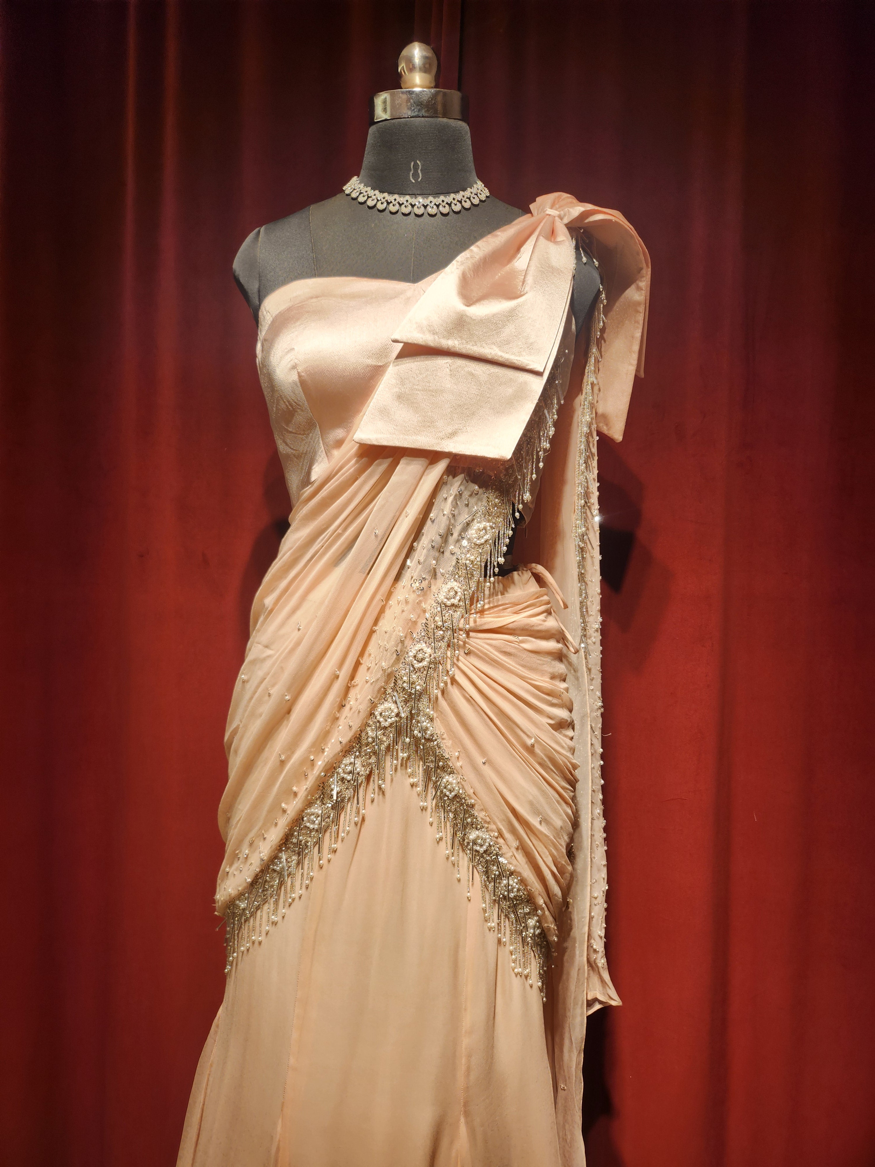Light Pink Satin Pre-stitched saree