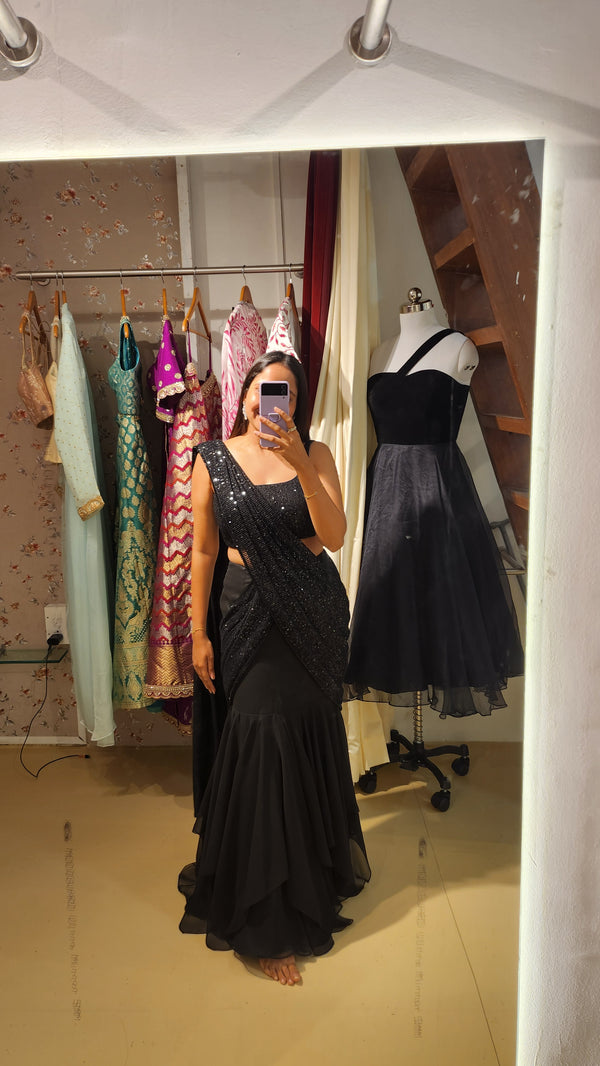 Pre-Stitch Black Sequins Saree