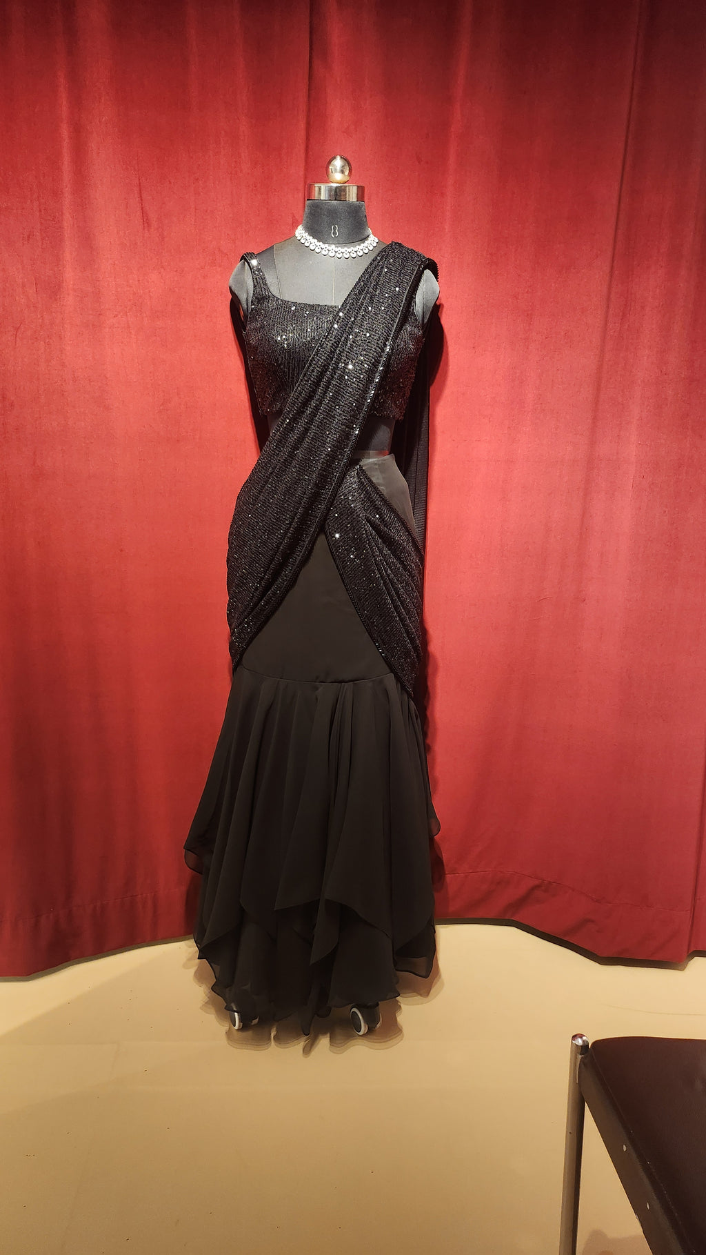 Pre-Stitch Black Sequins Saree