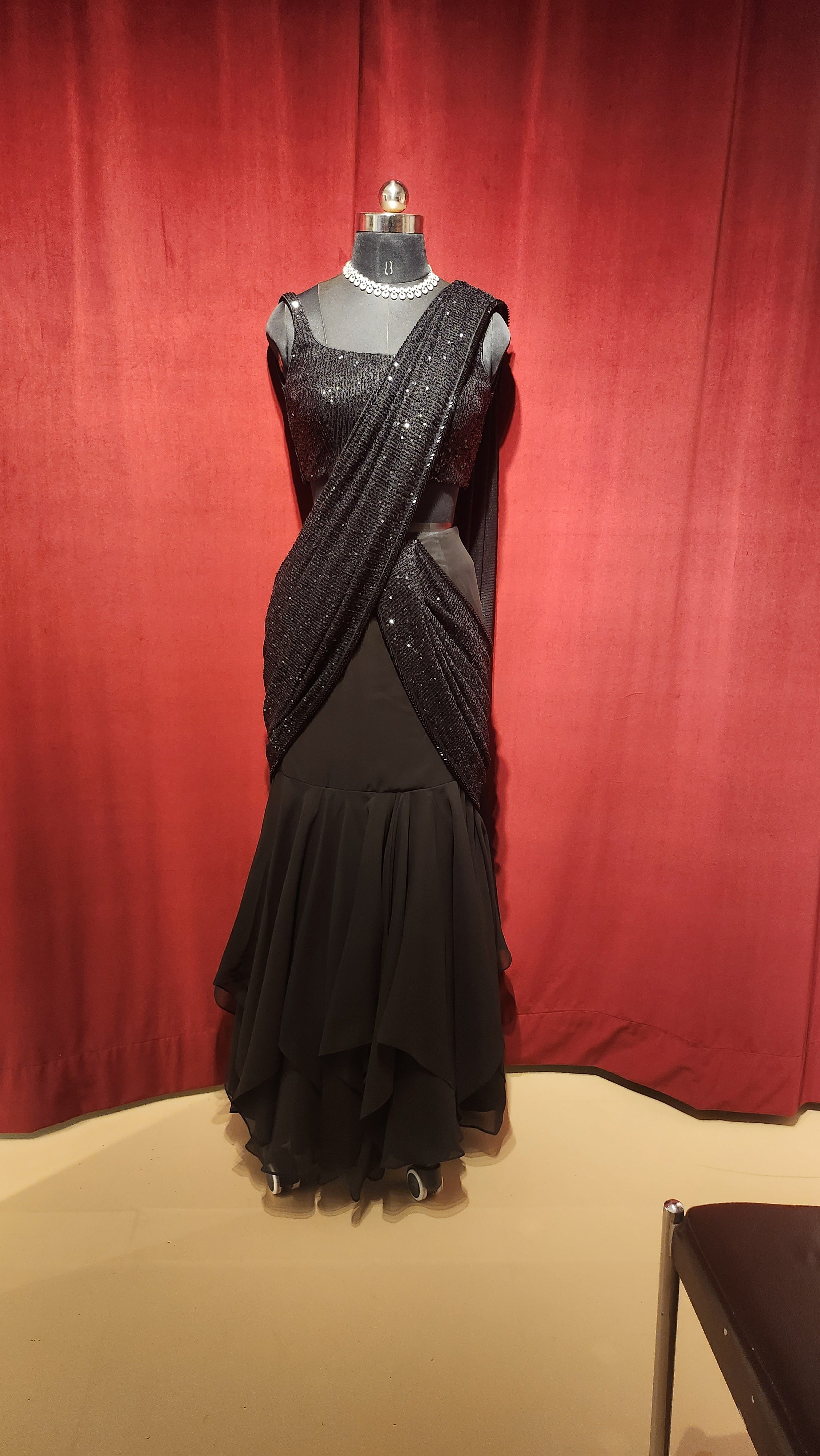 Pre-Stitch Black Sequins Saree