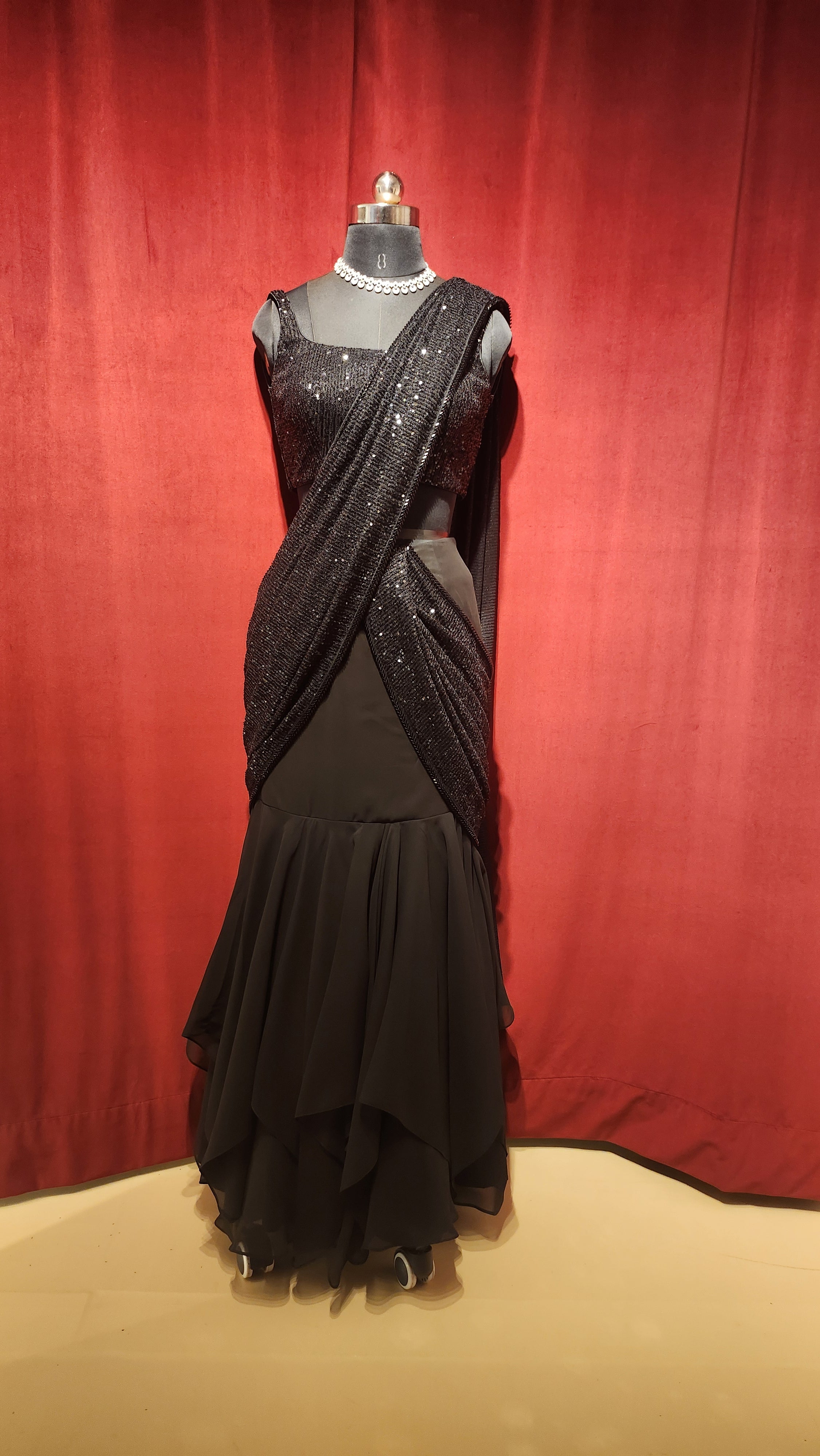 Pre-Stitch Black Sequins Saree