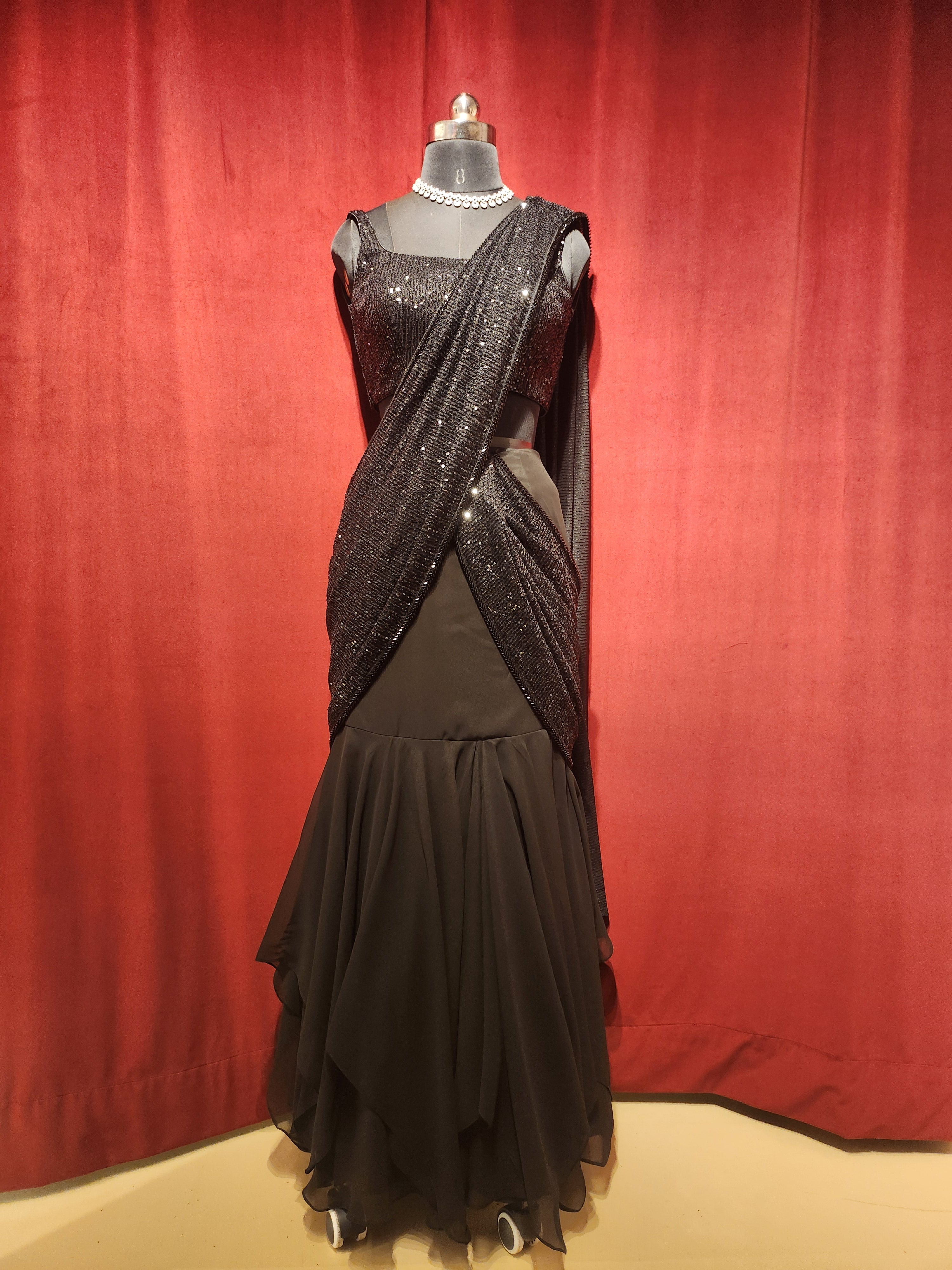 Pre-Stitch Black Sequins Saree