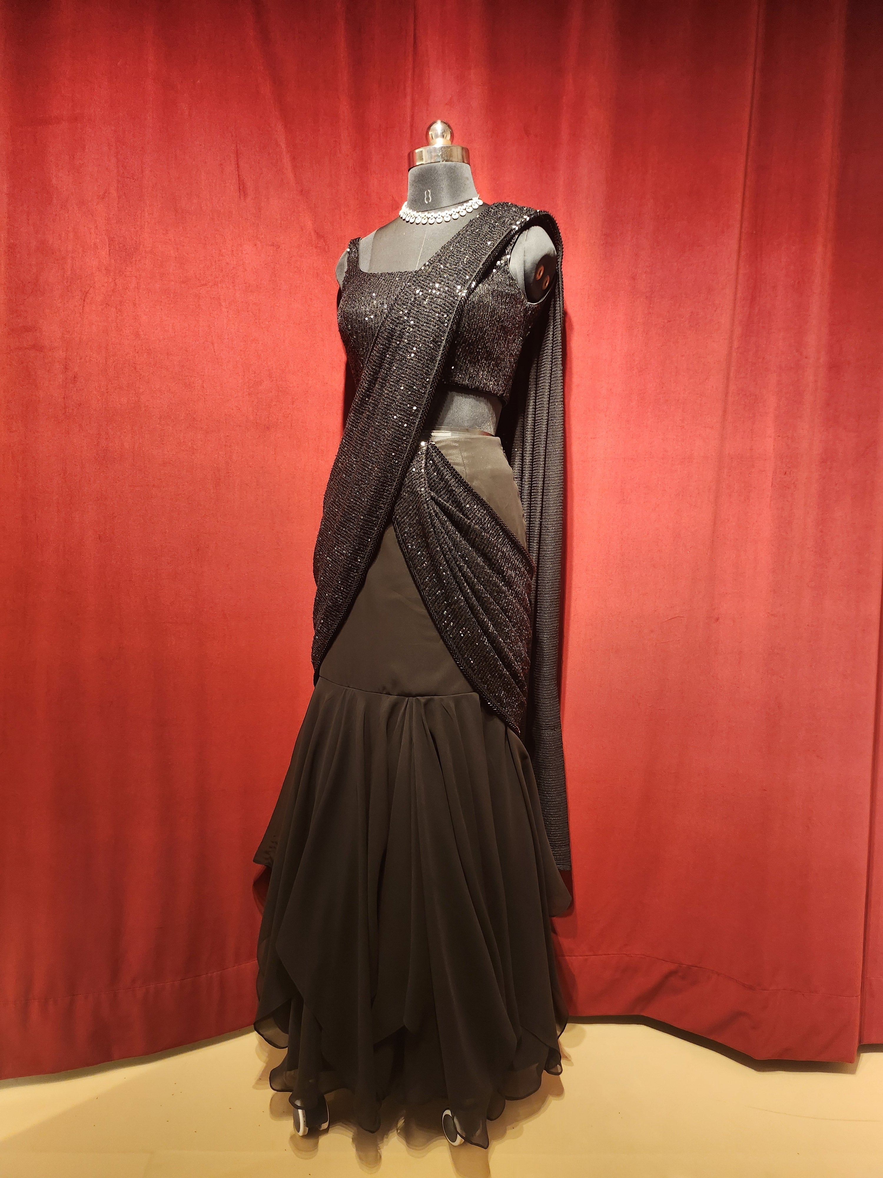 Pre-Stitch Black Sequins Saree