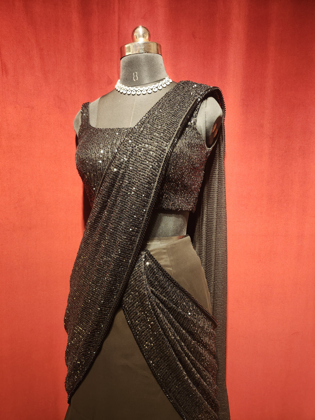 Pre-Stitch Black Sequins Saree