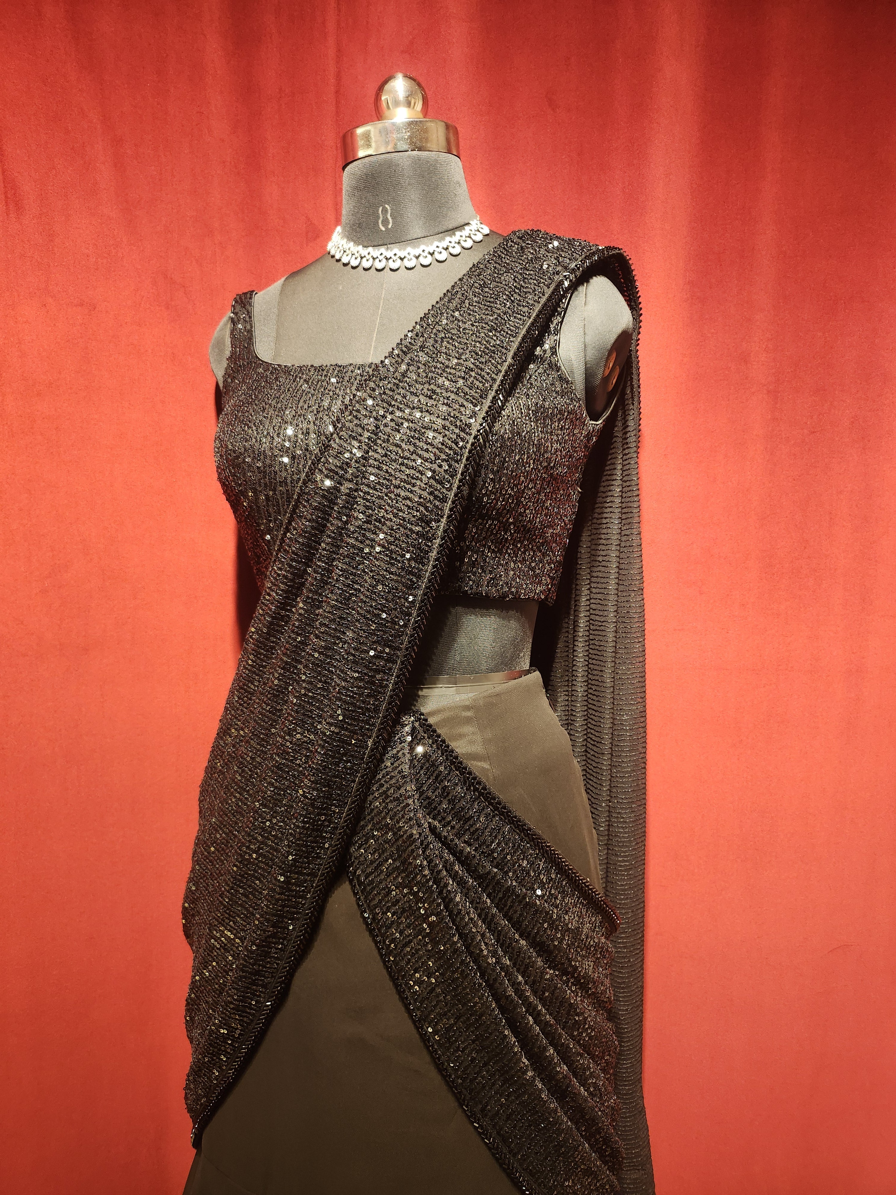 Pre-Stitch Black Sequins Saree