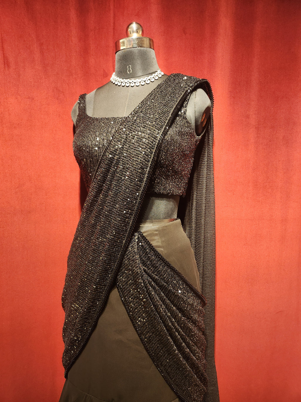 Pre-Stitch Black Sequins Saree