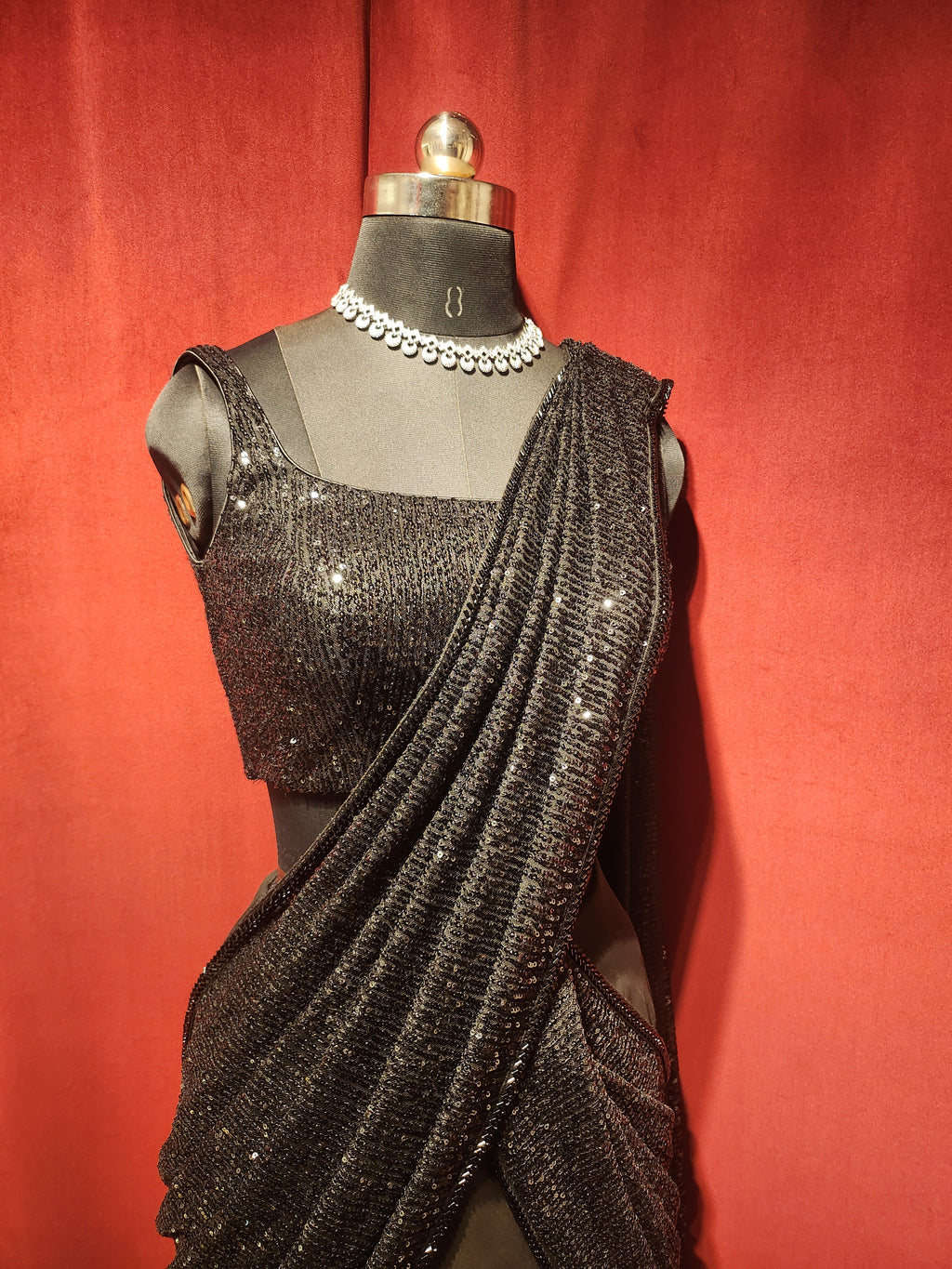 Pre-Stitch Black Sequins Saree