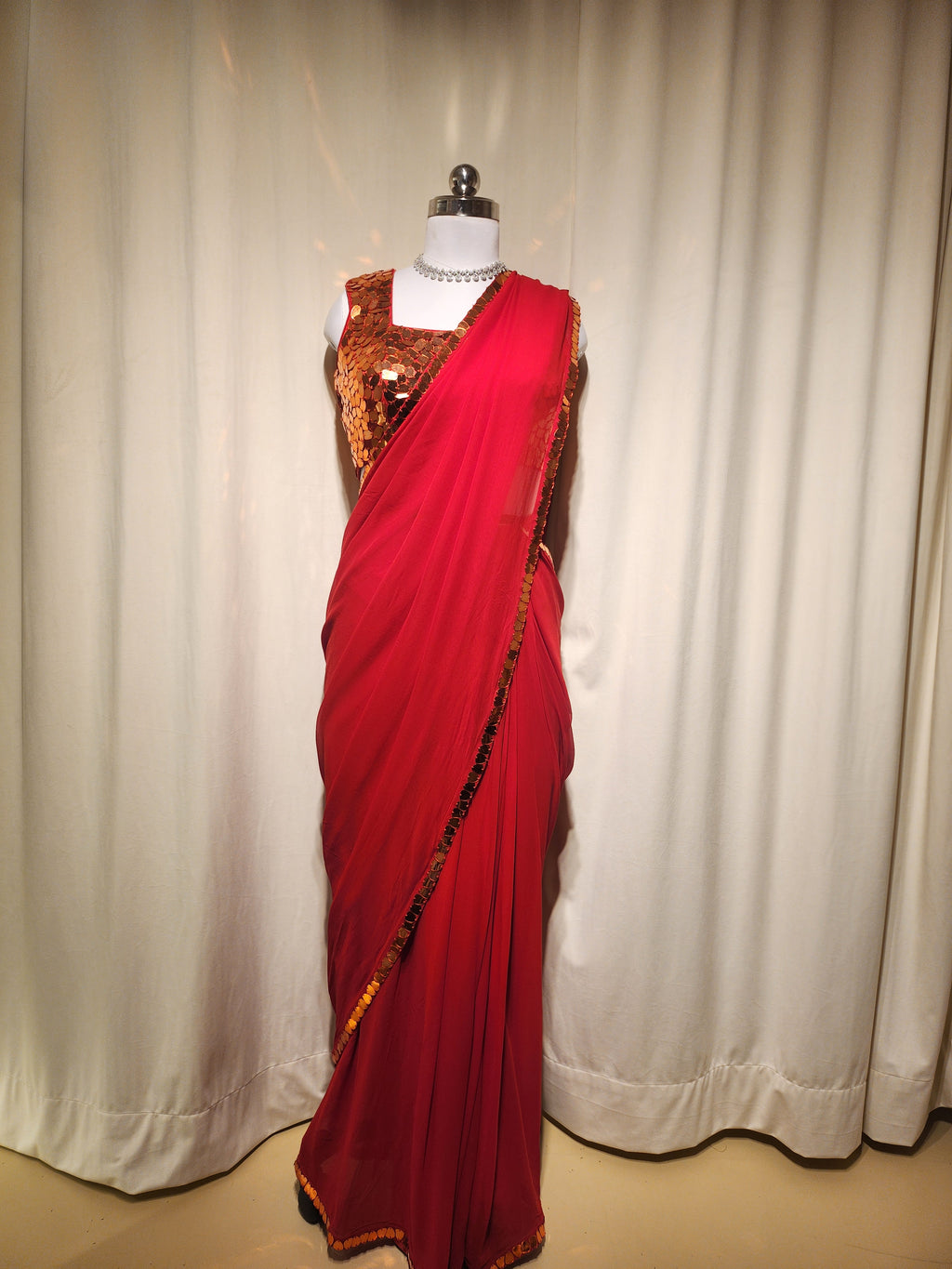 Red Mirror Pre-Stitched Saree