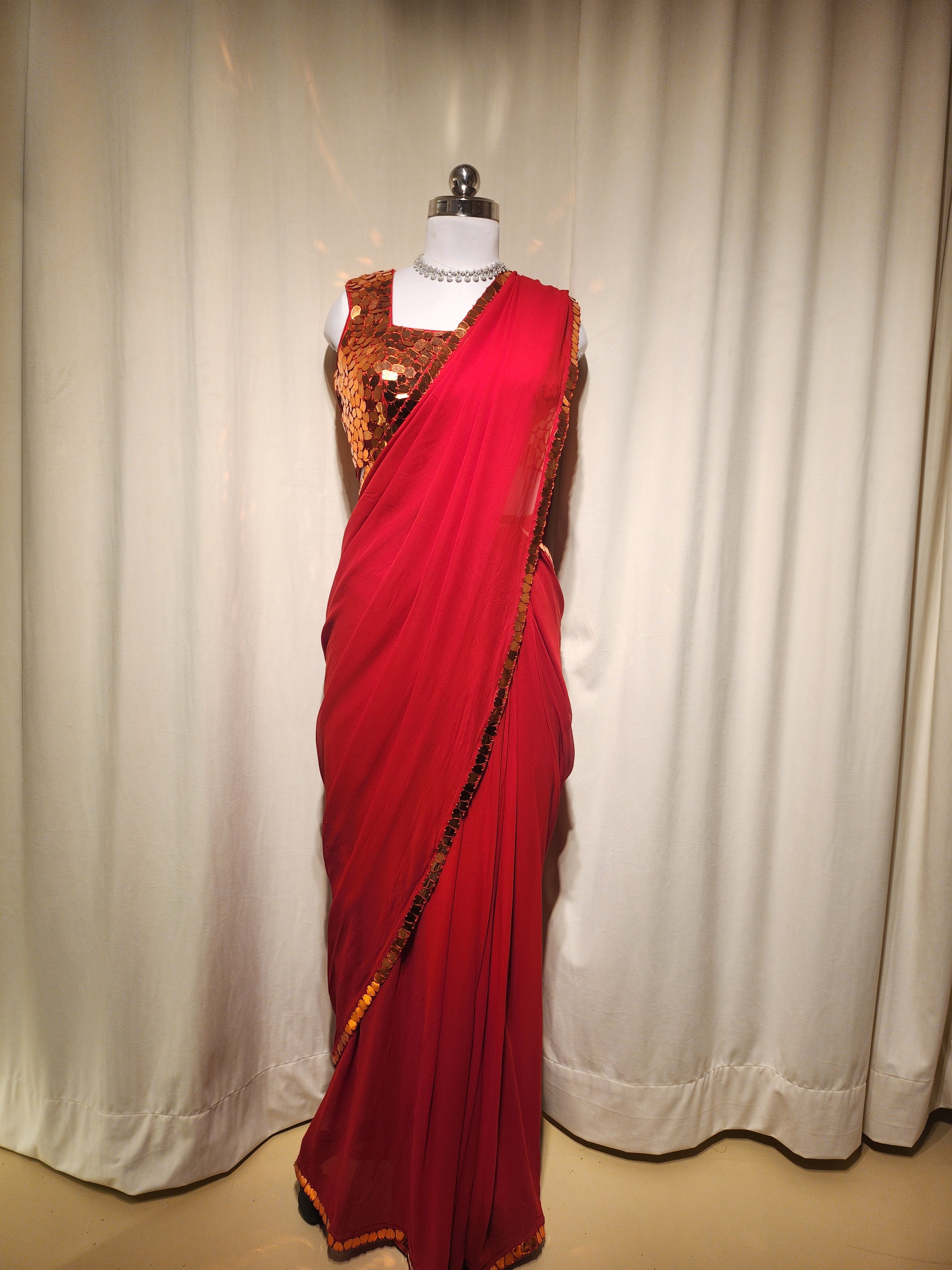 Red Mirror Pre-Stitched Saree
