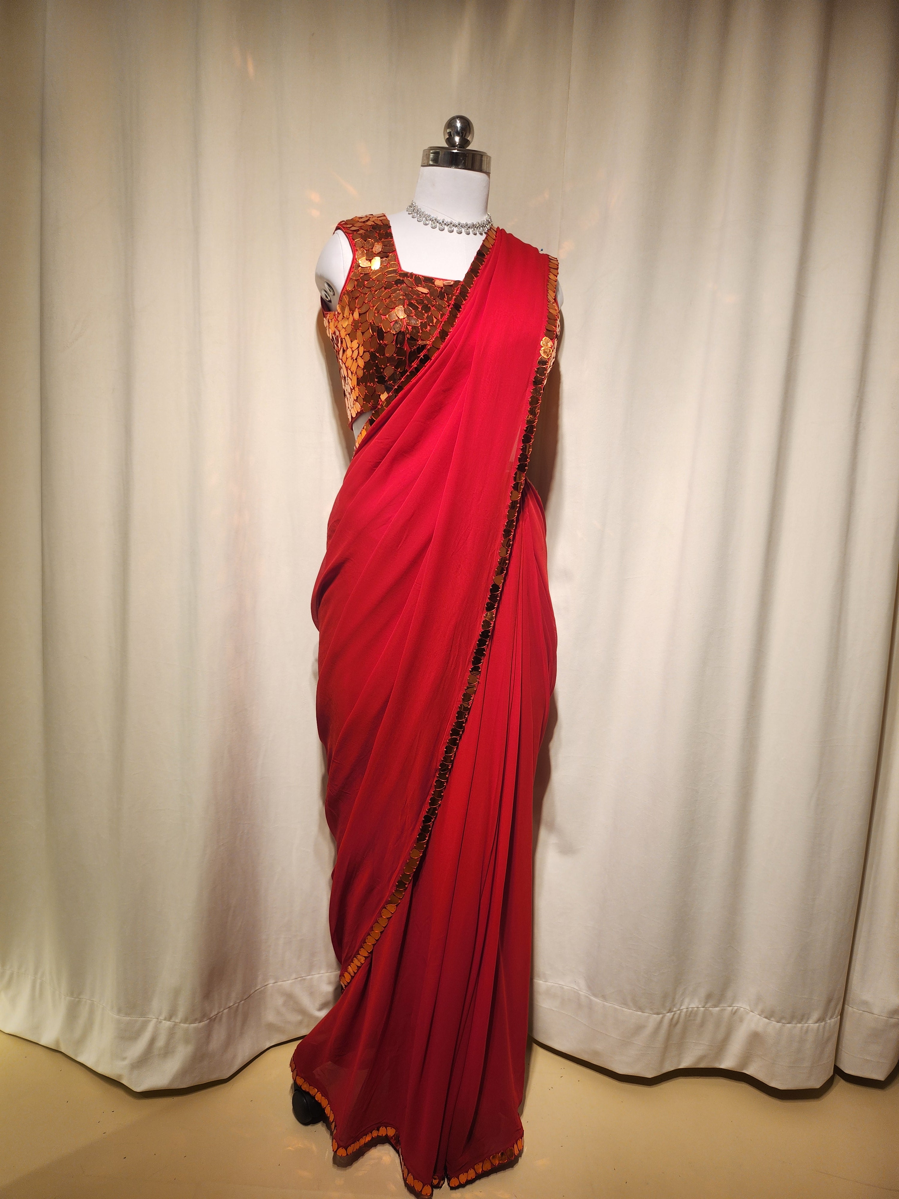 Red Mirror Pre-Stitched Saree