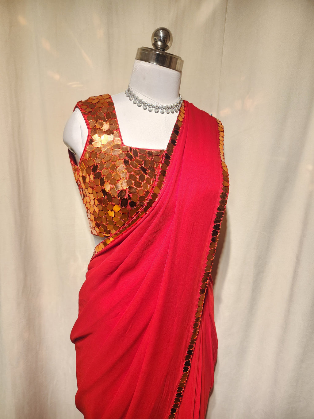 Red Mirror Pre-Stitched Saree