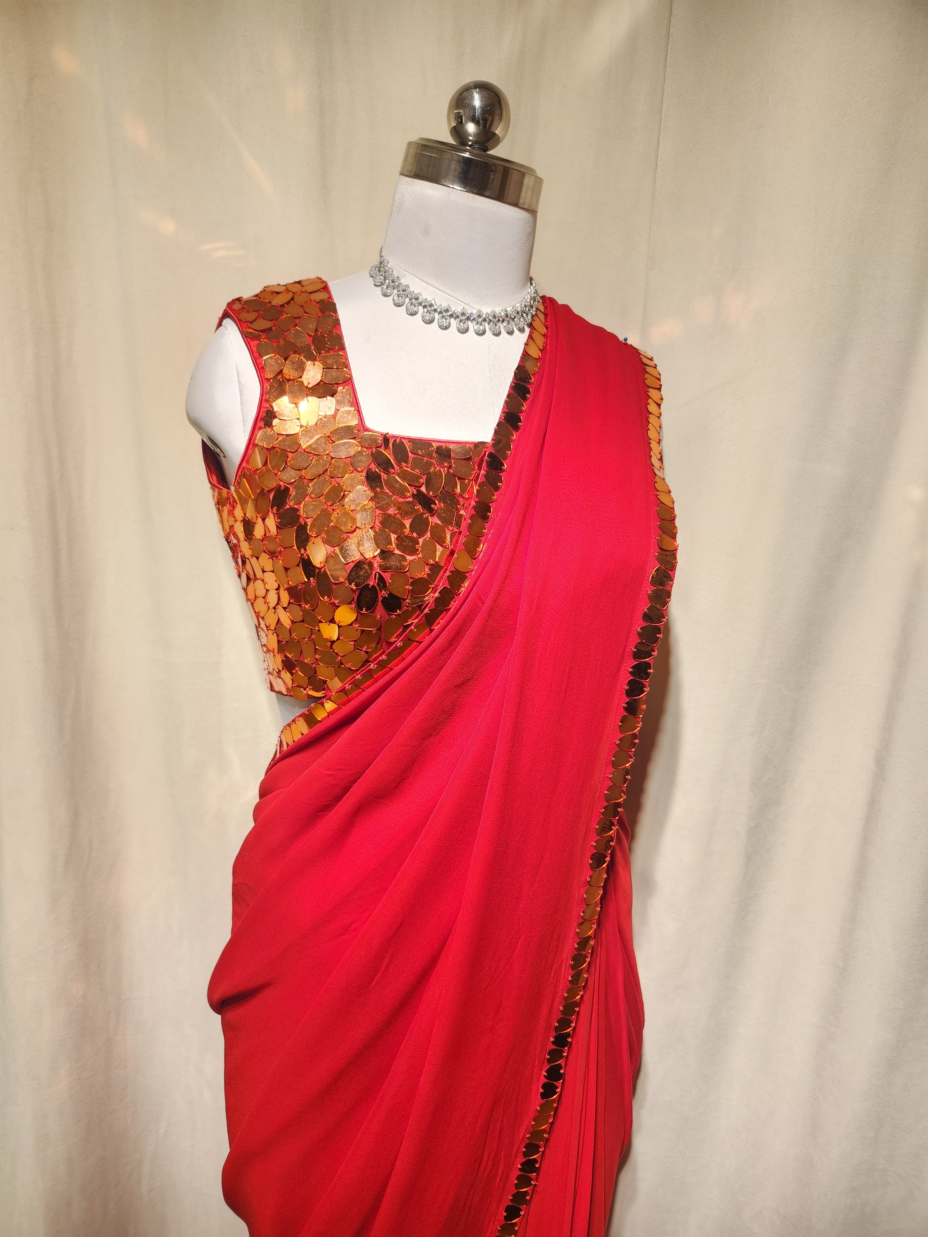 Red Mirror Pre-Stitched Saree