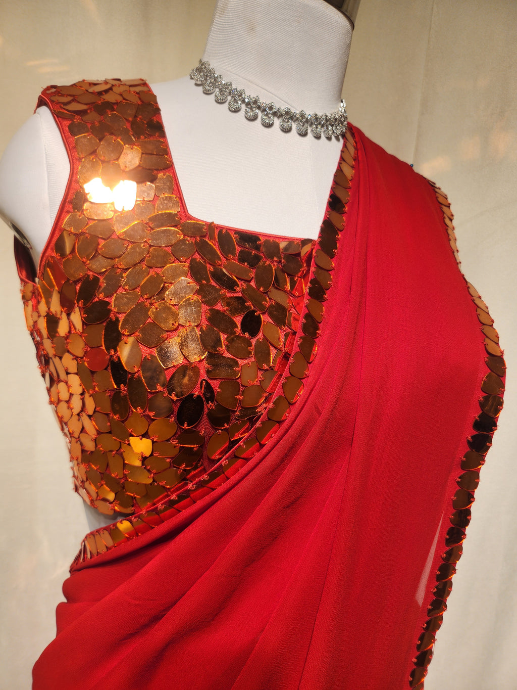 Red Mirror Pre-Stitched Saree