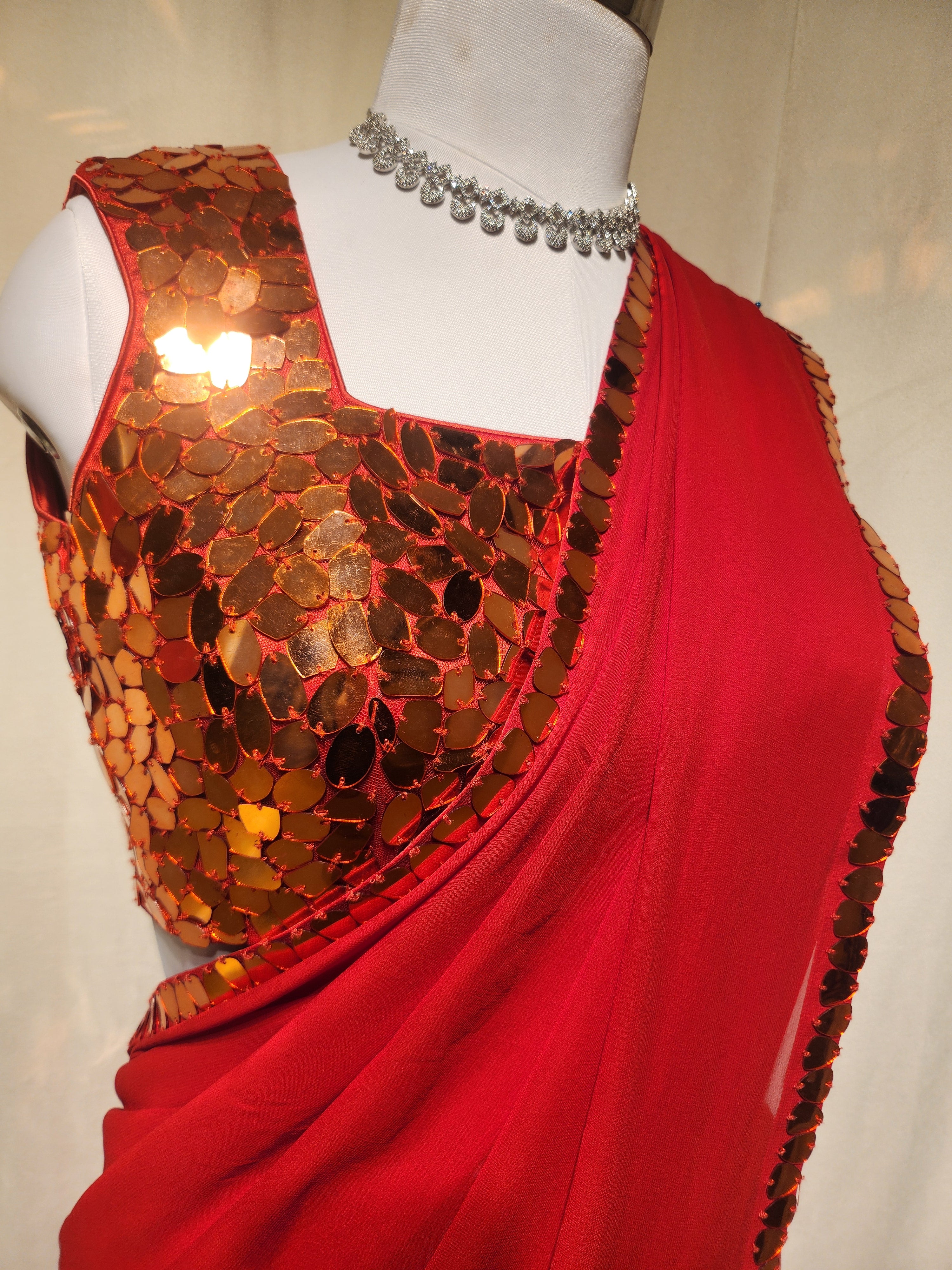 Red Mirror Pre-Stitched Saree