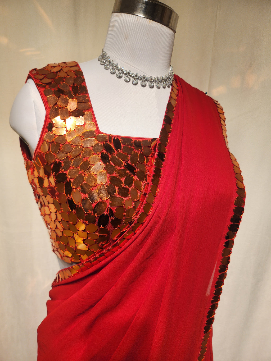 Red Mirror Pre-Stitched Saree