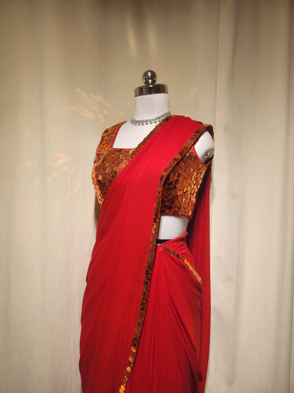 Red Mirror Pre-Stitched Saree