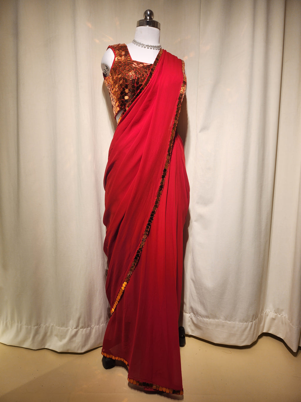 Red Mirror Pre-Stitched Saree