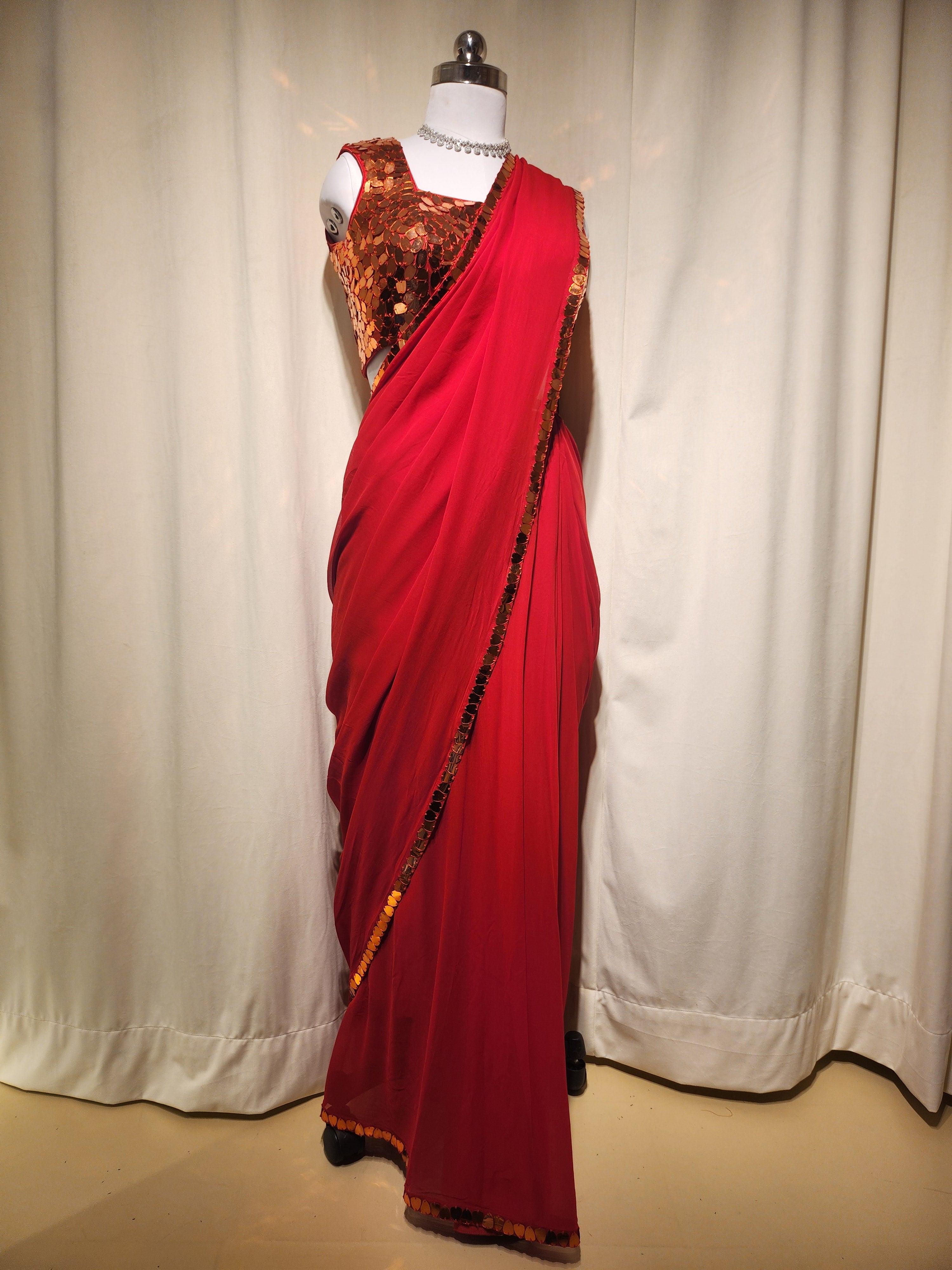 Red Mirror Pre-Stitched Saree