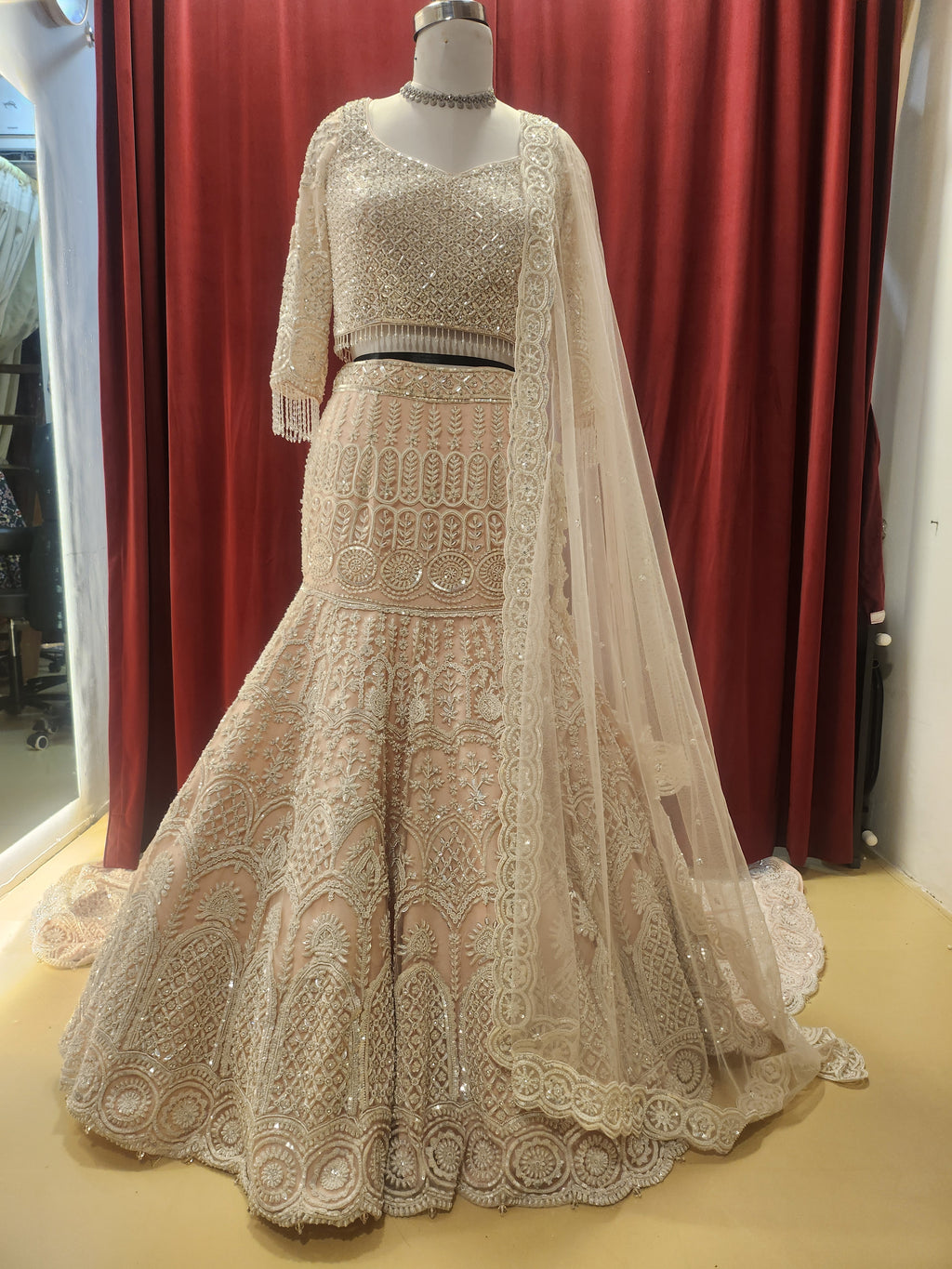 Light Pink White Embroidered Lehenga with long trial behind