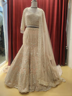 Light Pink White Embroidered Lehenga with long trial behind