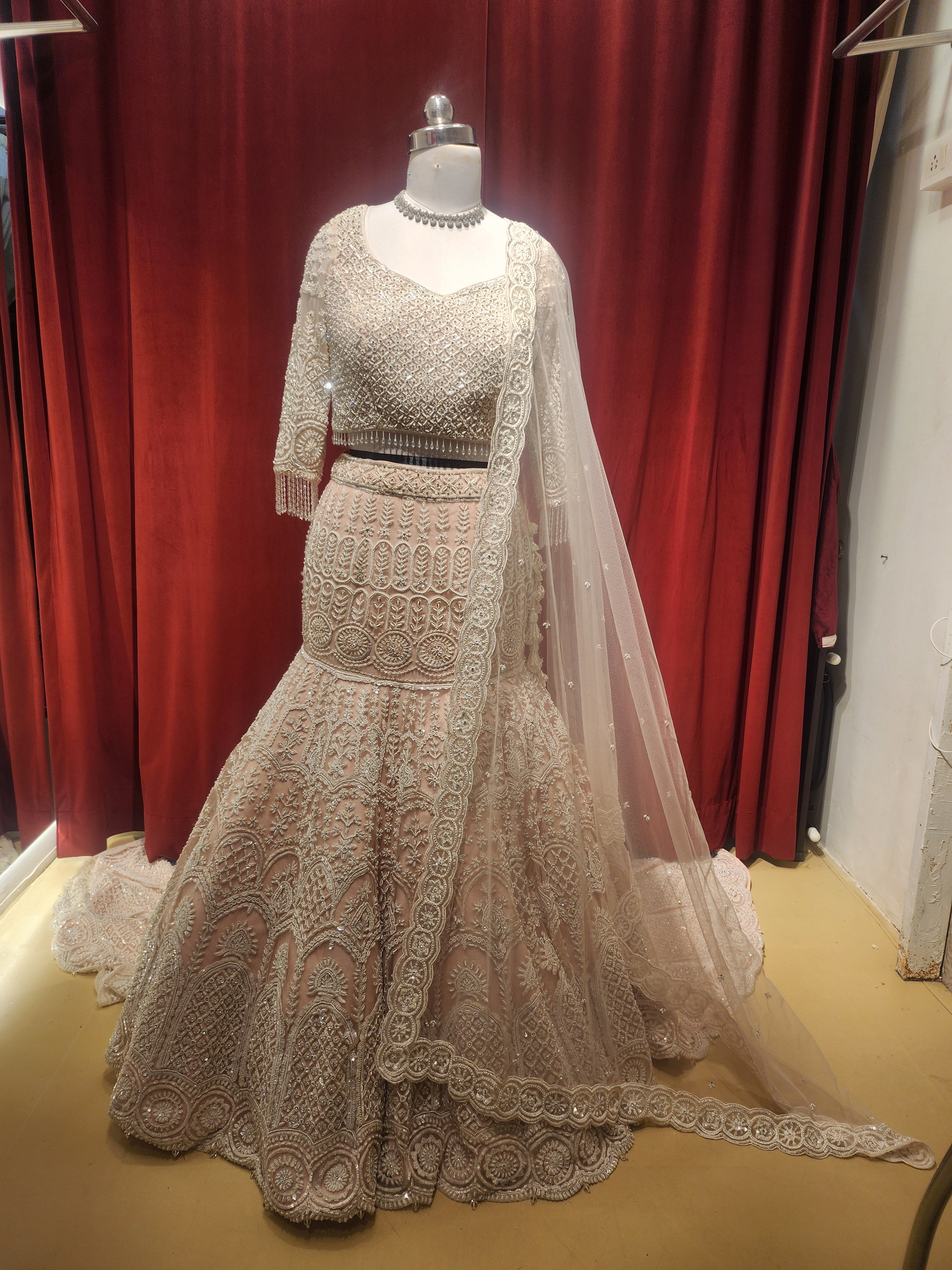 Light Pink White Embroidered Lehenga with long trial behind