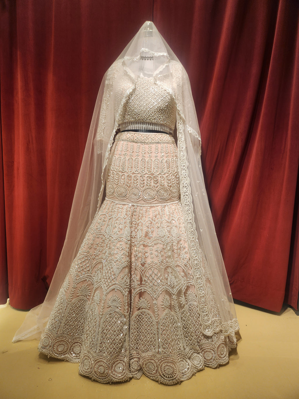 Light Pink White Embroidered Lehenga with long trial behind