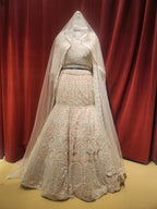 Light Pink White Embroidered Lehenga with long trial behind