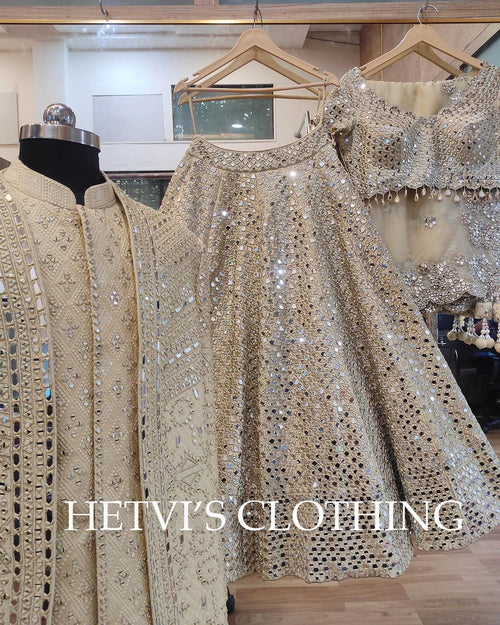 Beige Mirror Embroidered Lehenga