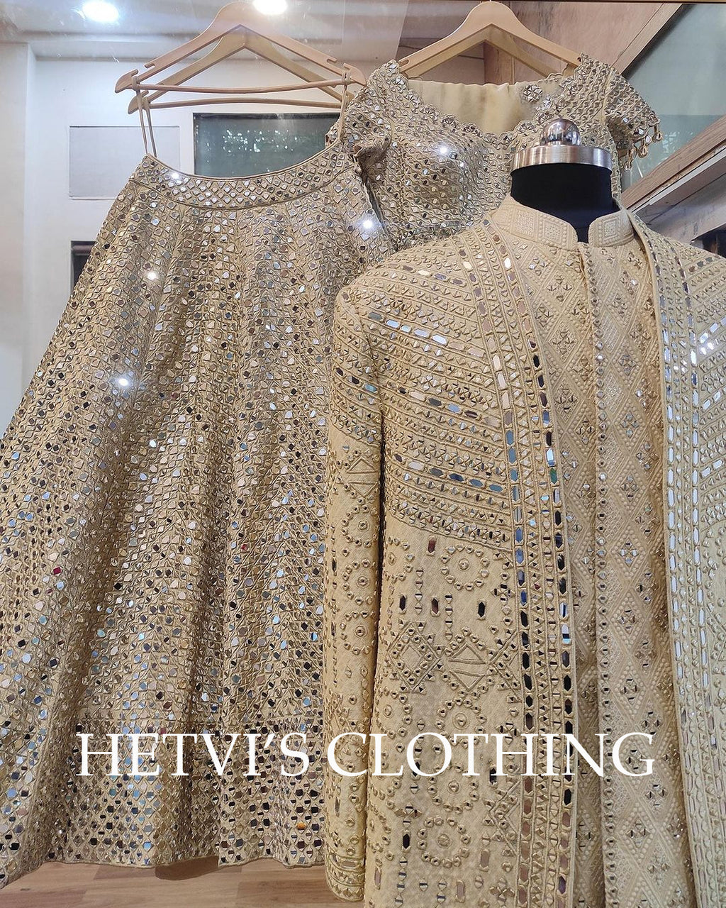 Beige Bridal Mirror Embroidered Lehenga