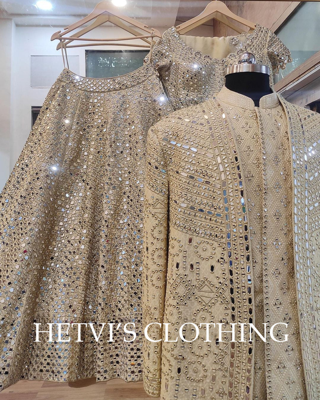 Beige Bridal Mirror Embroidered Lehenga