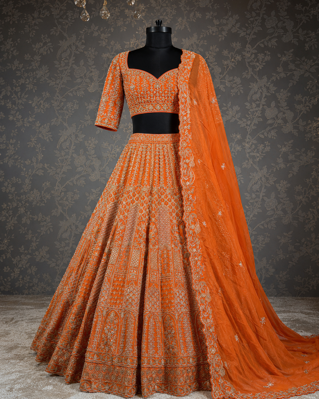 Kesari Orange Zardozi Embroidered Lehenga Set