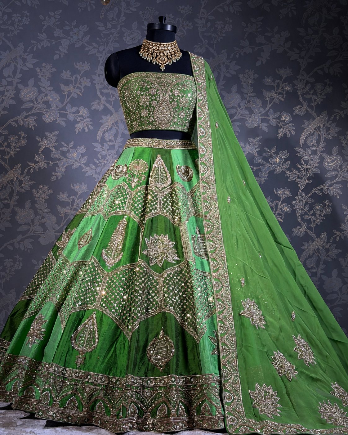 Meher Emerald Green Zardozi & Mirror Work Lehenga Set
