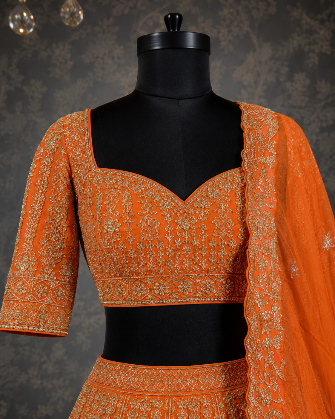 Kesari Orange Zardozi Embroidered Lehenga Set