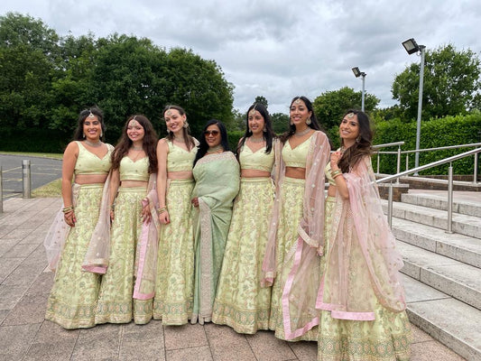 Green Emb lehenga with pink dupatta