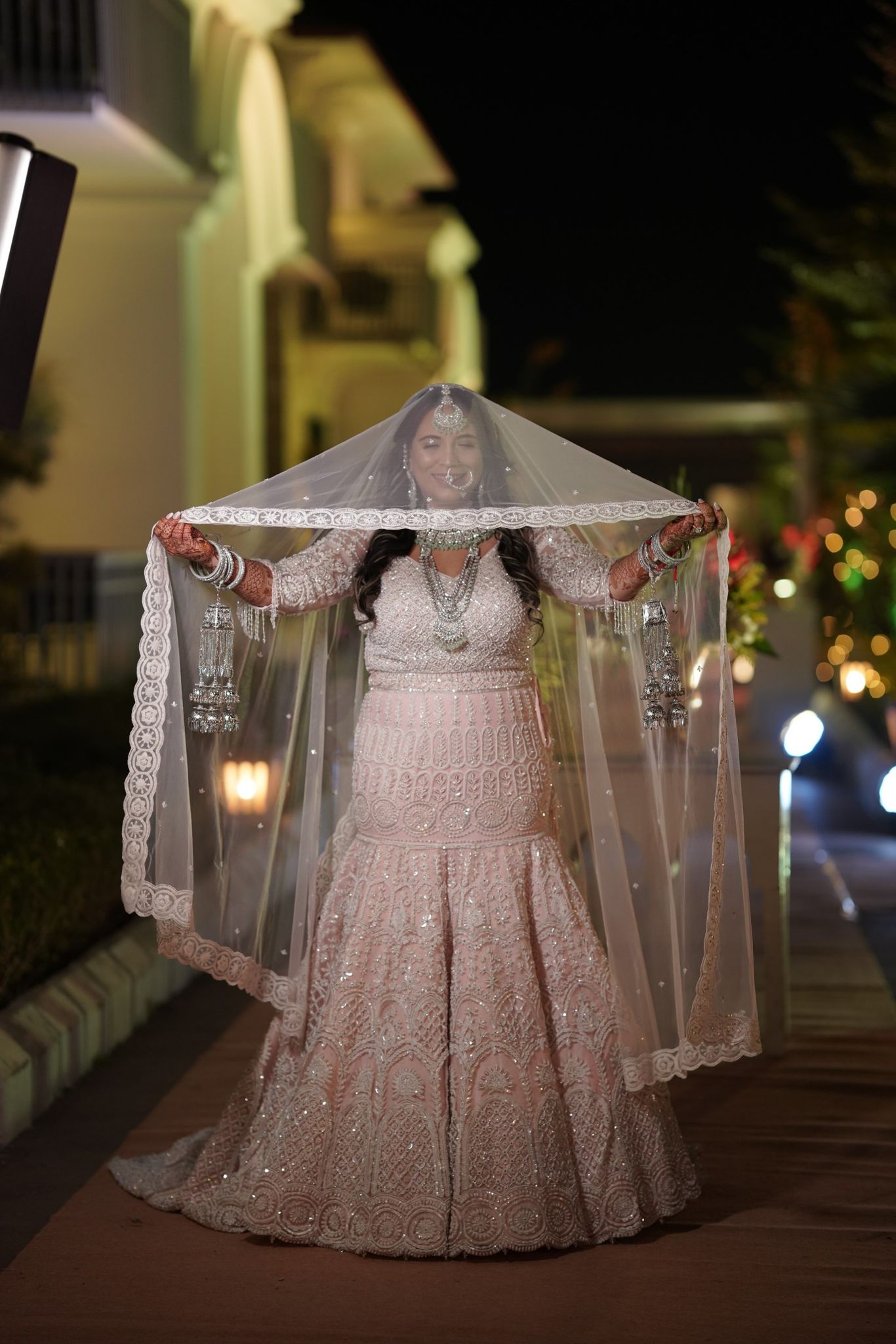 Light Pink White Embroidered Lehenga with long trial behind