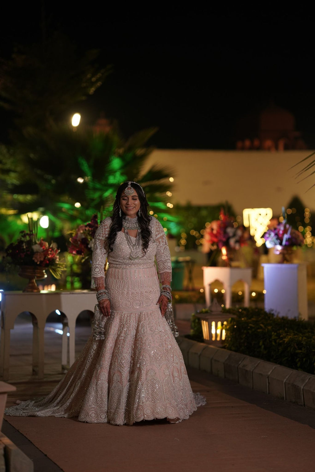 Light Pink White Embroidered Lehenga with long trial behind