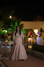 Light Pink White Embroidered Lehenga with long trial behind
