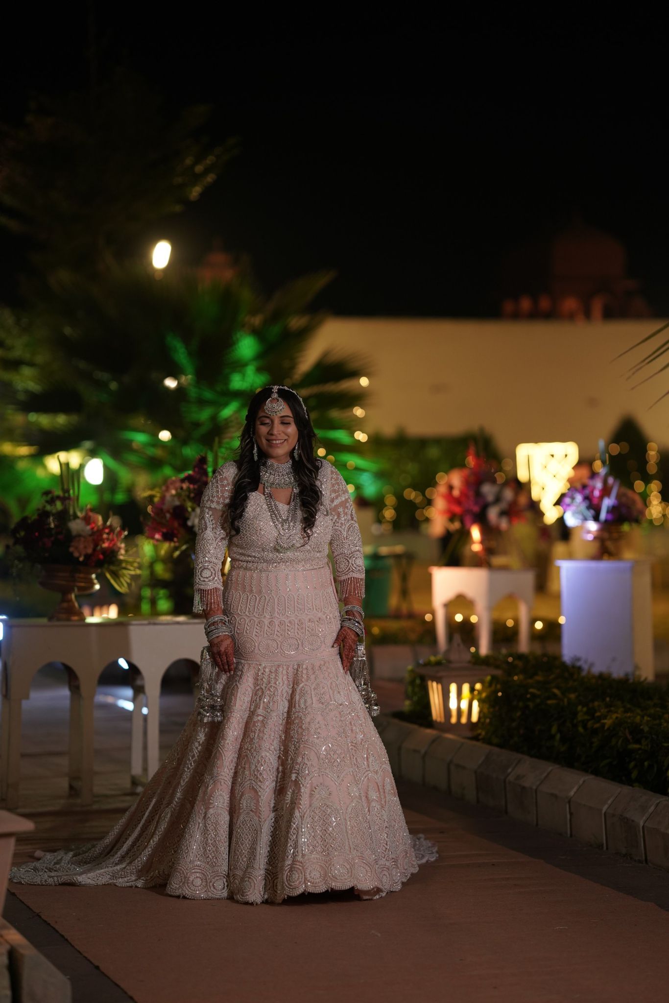 Light Pink White Embroidered Lehenga with long trial behind