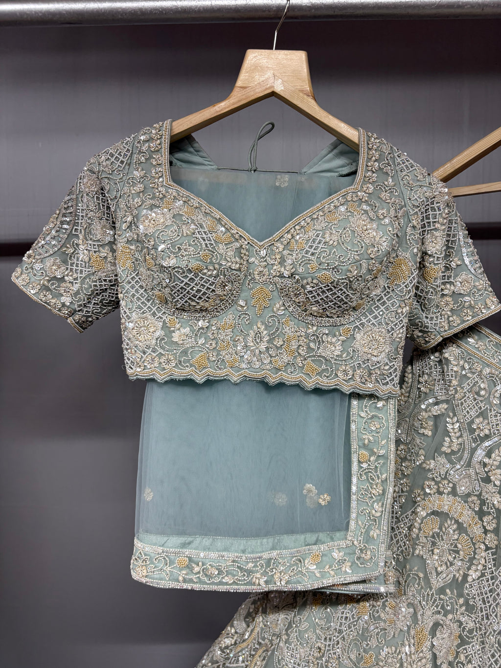 Aaira Sage Green Hand Embroidered Bridal Lehenga Set