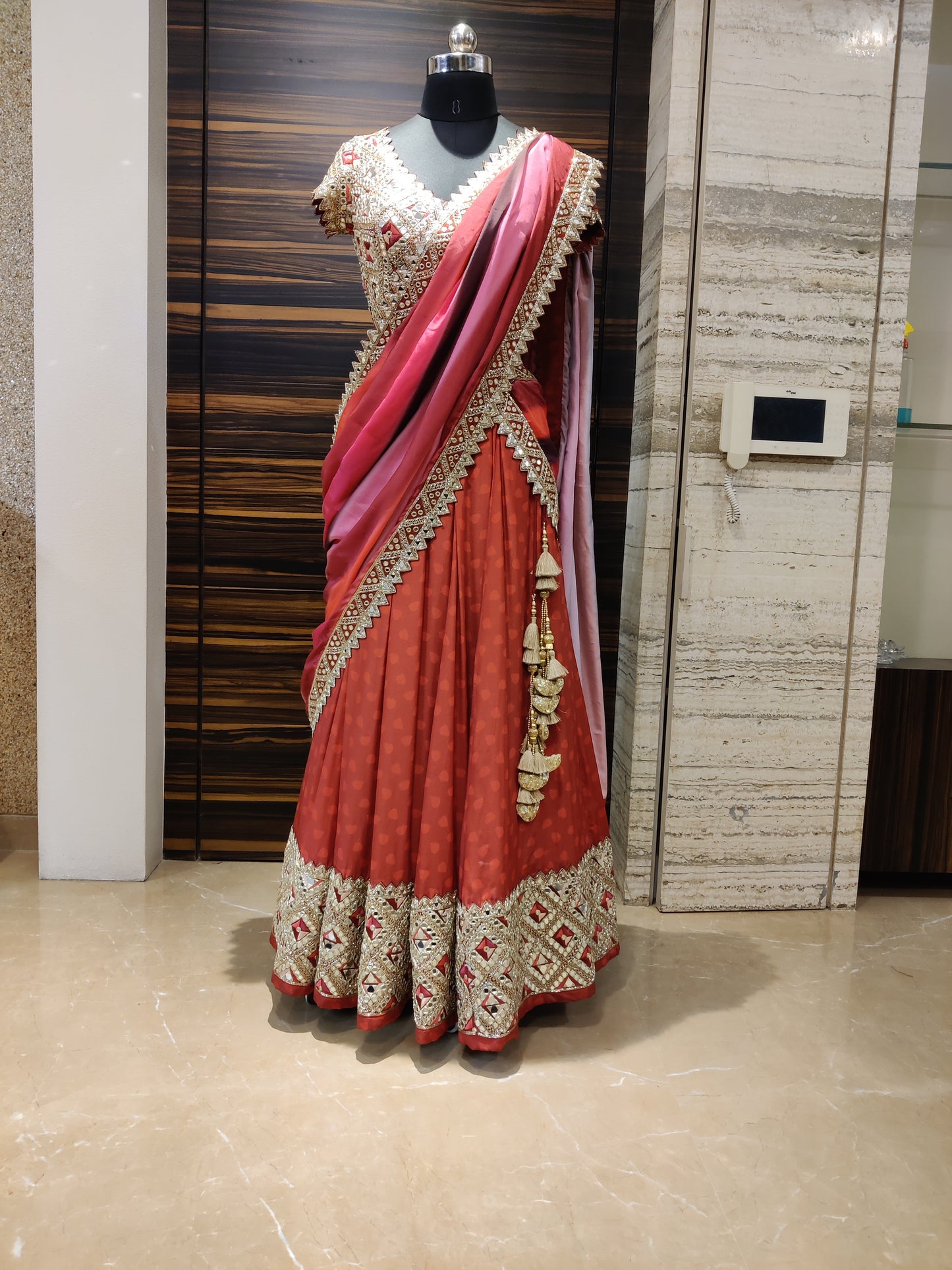 Red Printed Mirror Lehenga