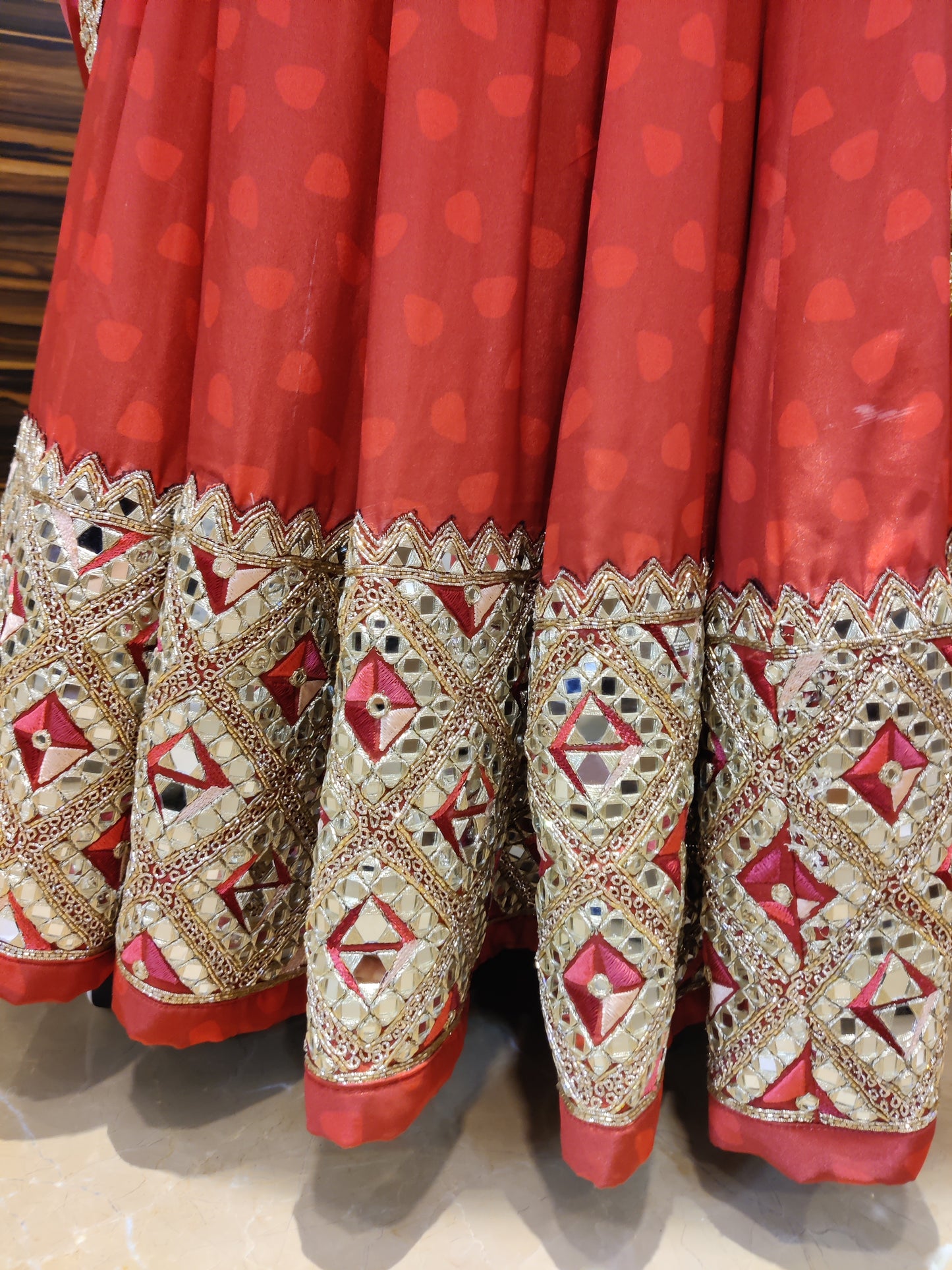 Red Printed Mirror Lehenga