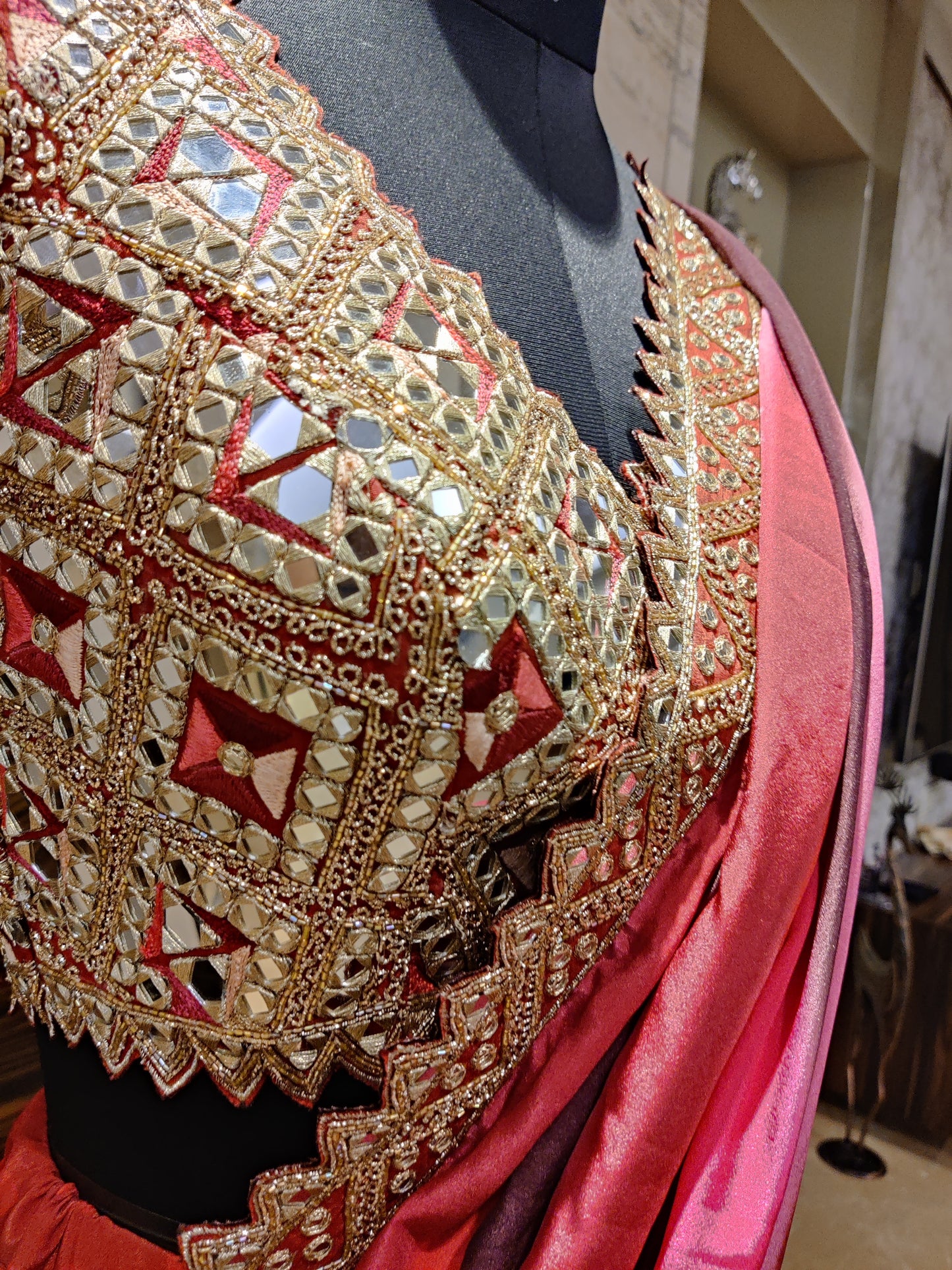 Red Printed Mirror Lehenga