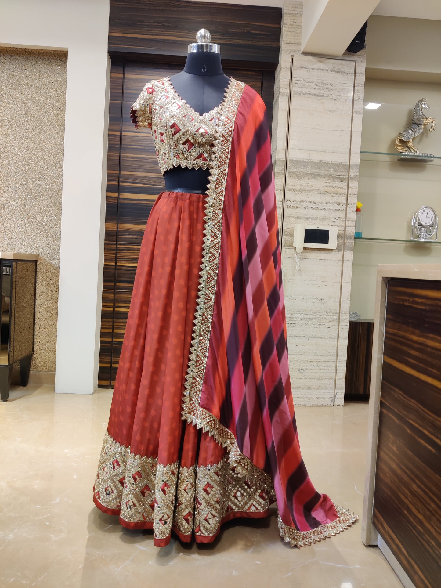 Red Printed Mirror Lehenga