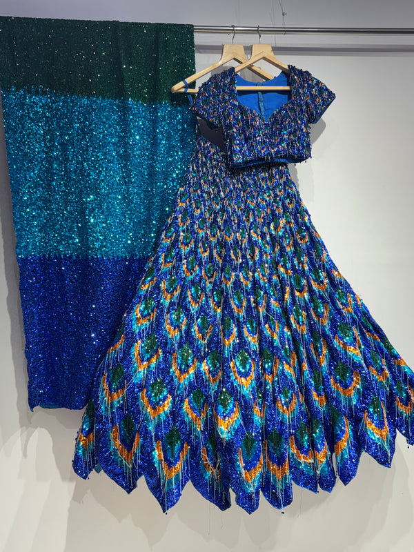 Mayura Cobalt Blue Peacock Sequin Lehenga Set