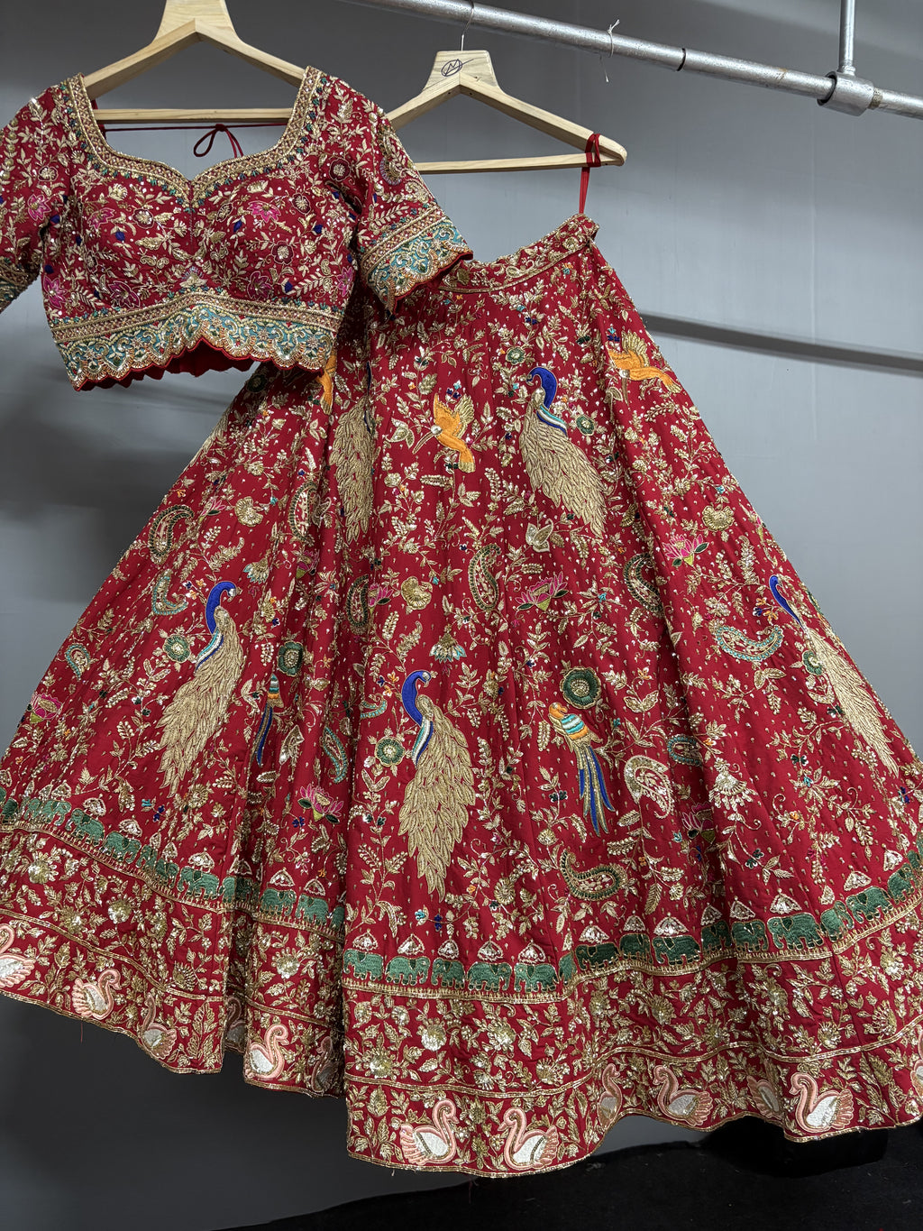 Rajkumari Red Peacock Hand Embroidered Bridal Lehenga